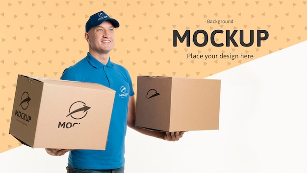 Delivery man holding boxes with background mock-up