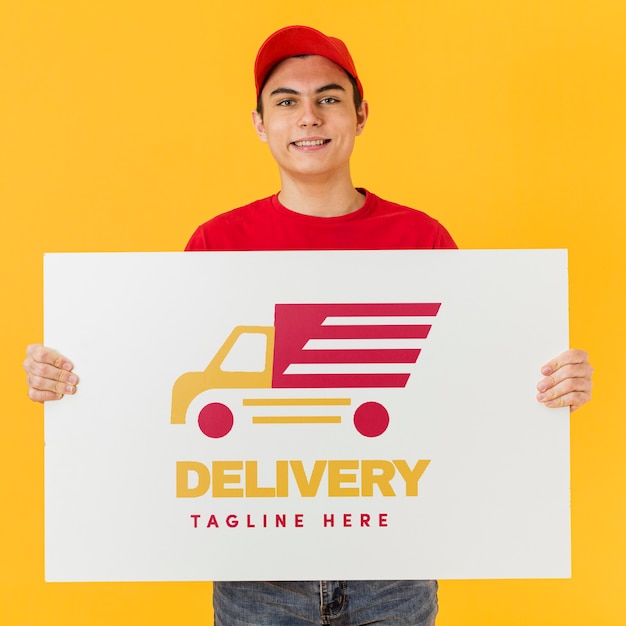 Delivery man holding cardboard mock-up