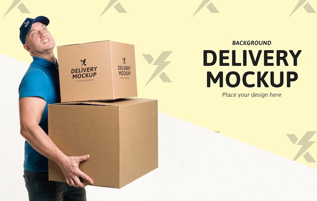 PSD delivery man holding some boxes with background mock-up