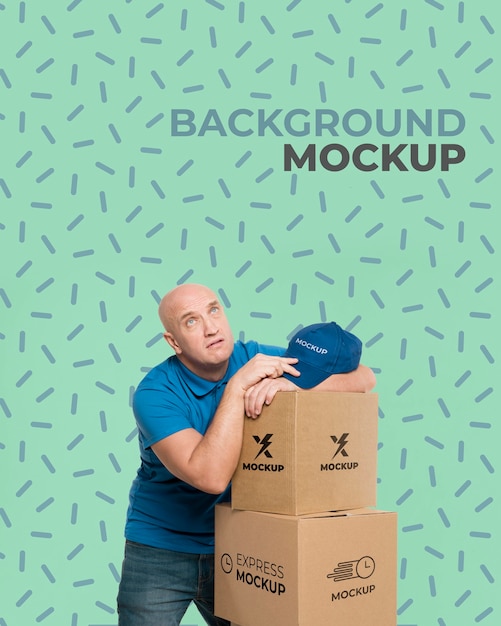 PSD delivery man looking tired next to a bunch of boxes with background mock-up