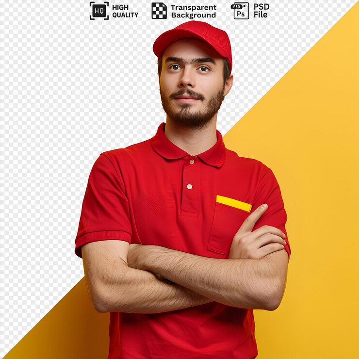 Delivery Man in Red Polo Shirt with Arms Crossed Against a Yellow Background Premium Transparent Ba