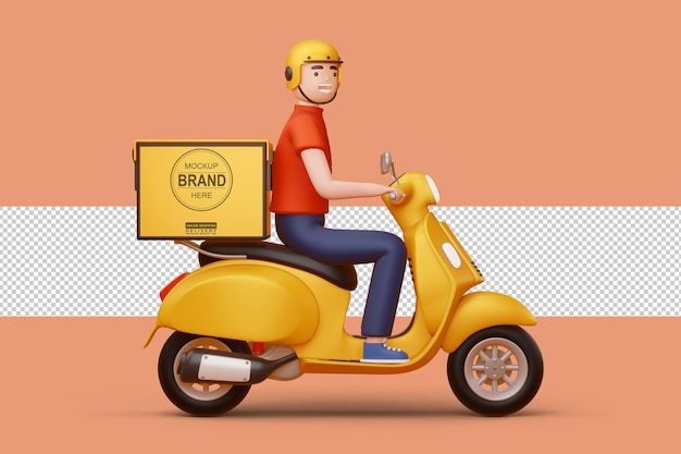 Delivery man riding a motorcycle with delivery box in 3d rendering