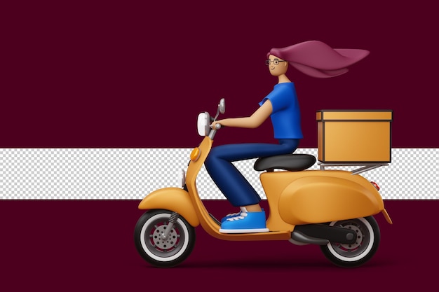 PSD delivery man riding a motorcycle with delivery box 3d rendering