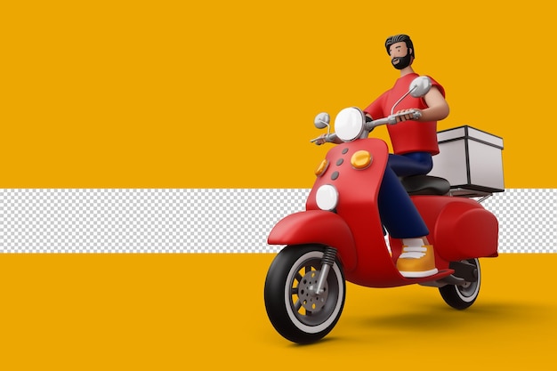 Delivery man riding a motorcycle with delivery box 3d rendering