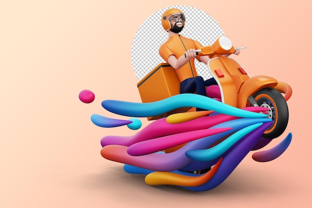 PSD delivery man riding a motorcycle with delivery box and colorful wind 3d rendering