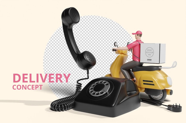 PSD delivery man riding a motorcycle with delivery box mockup and telephone in 3d rendering