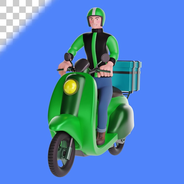 A delivery man riding a motorcycle with delivery box