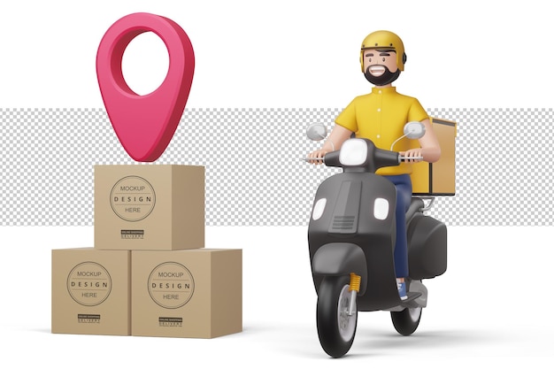 PSD delivery man riding a motorcycle with package box in 3d rendering