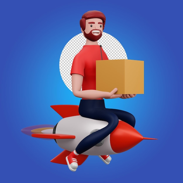 Delivery man riding rocket with delivery box 3d rendering