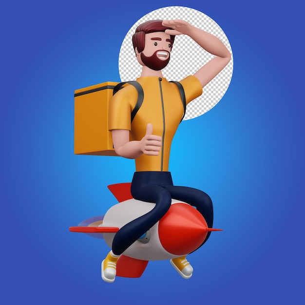 Delivery man riding rocket with delivery box 3d rendering