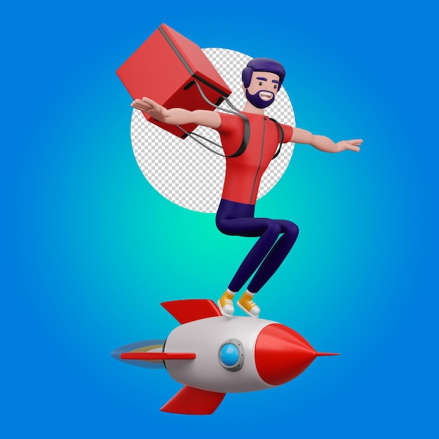 PSD delivery man riding rocket with delivery box 3d rendering