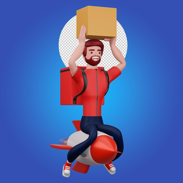 Delivery man riding rocket with delivery box 3d rendering