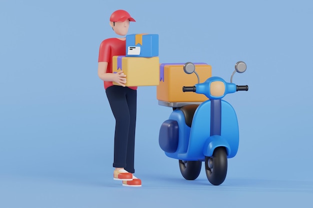 Delivery man riding scooter 3d illustration