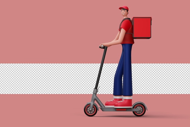 PSD delivery man riding a scooter with delivery box 3d rendering