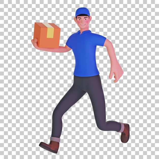 PSD delivery man running fast delivering package 3d illustration