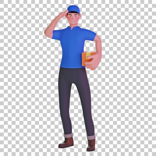 패키지 3D 일러스트와 함께 경례하는 배달 남자
