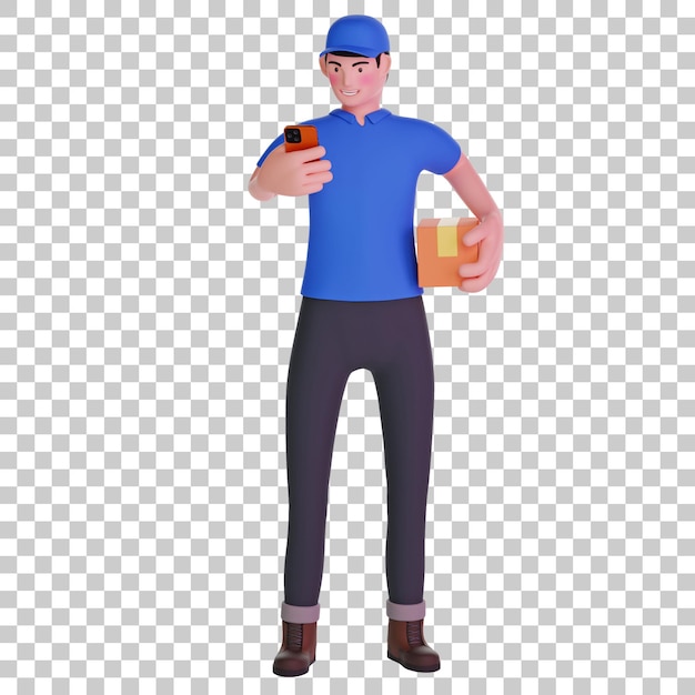 Delivery man using smartphone 3d illustration