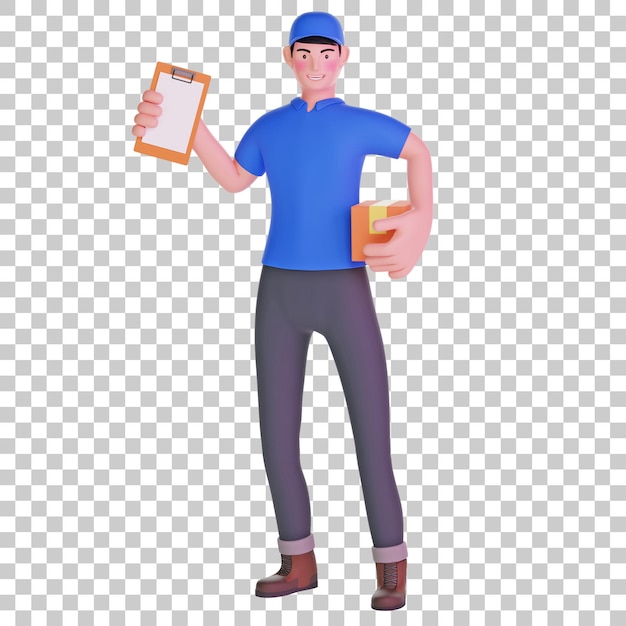 PSD delivery man with clipboard and package 3d illustration