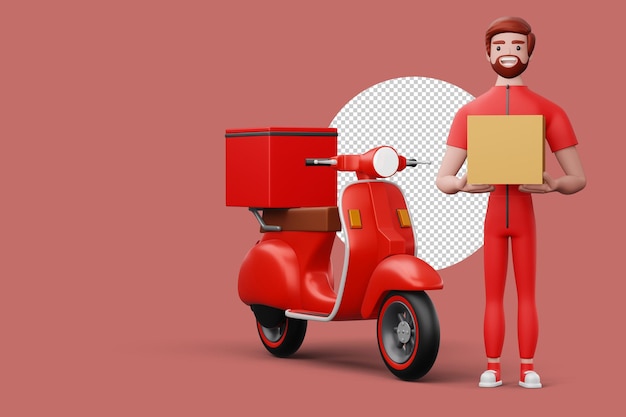PSD delivery man with parcel box and a motorcycle 3d rendering