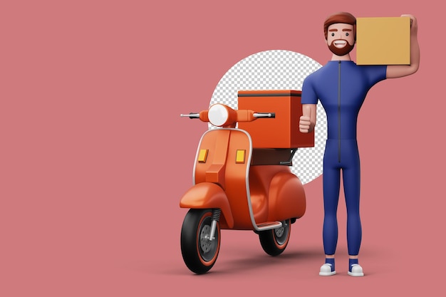 Delivery man with parcel box and a motorcycle 3d rendering