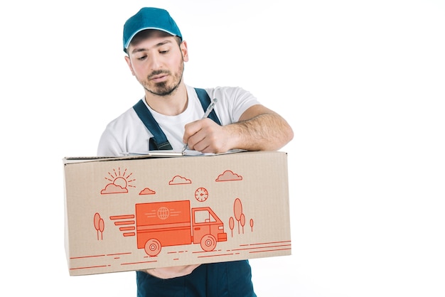 Delivery mockup with man holding box