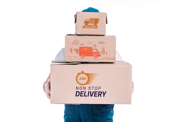 PSD delivery mockup with man holding boxes