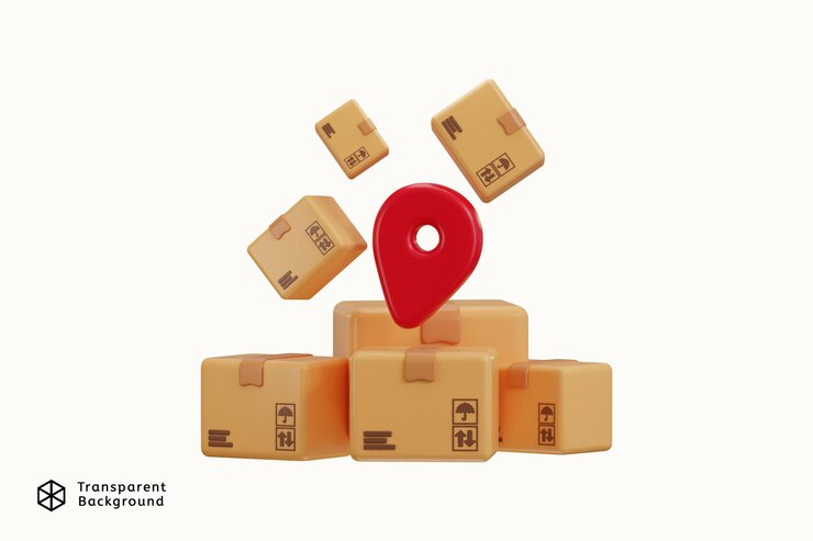 PSD delivery packages with location pin icon 3d render concept of parcel pickup location icon