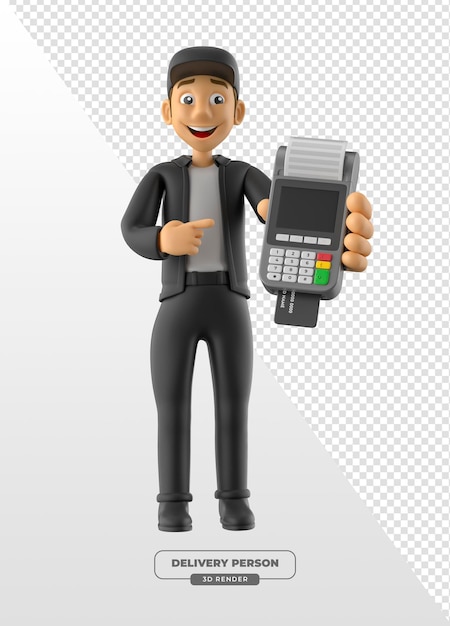 delivery person holding payment terminal in 3d render with transparent background