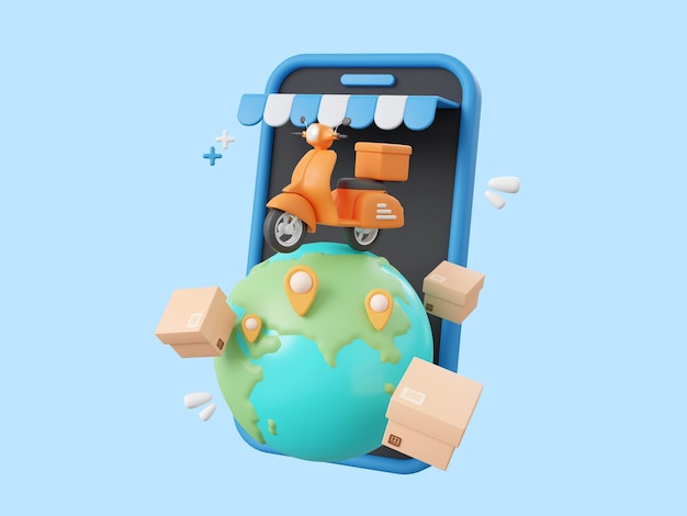 Delivery scooter shipping parcel boxes Global shopping and delivery online service concept