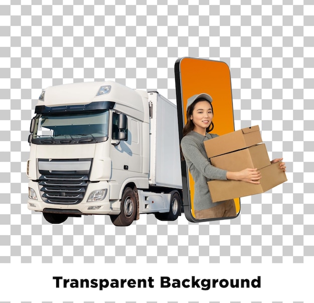Delivery service concept met truck smartphone en dozen met een transparante achtergrond