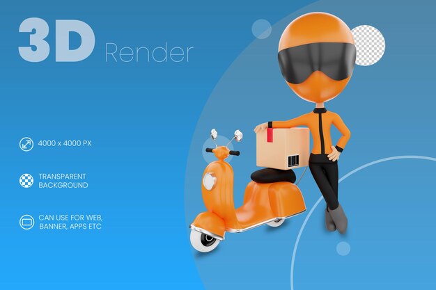 Il concetto di servizio di consegna con scooter di carattere e box 3d rende lo sfondo isolato