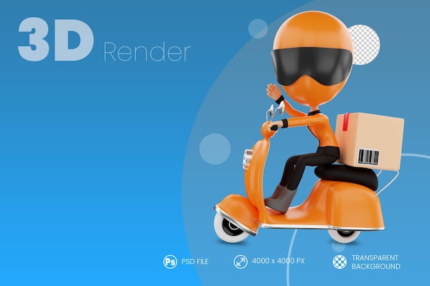 Delivery service concept with postman, scooter and box  3d render isolated background 3