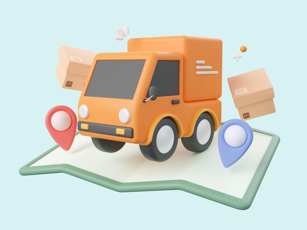 PSD delivery service delivery truck shipping parcel box with pins on map