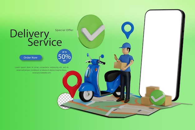 Uomo del servizio di consegna con scooter blu dal rendering 3d del telefono cellulare