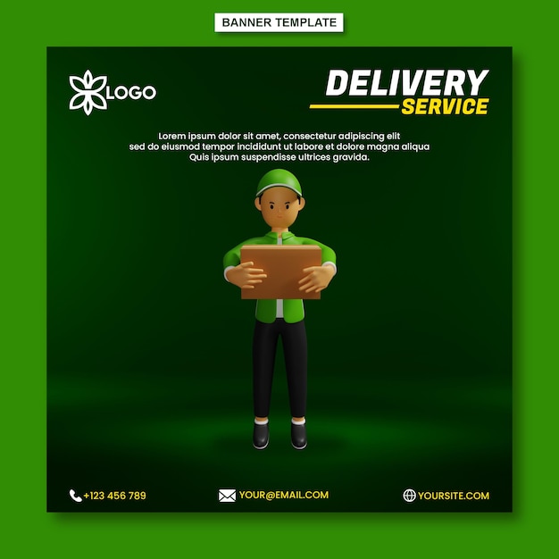 Delivery service social media post template with 3d cartoon illustration