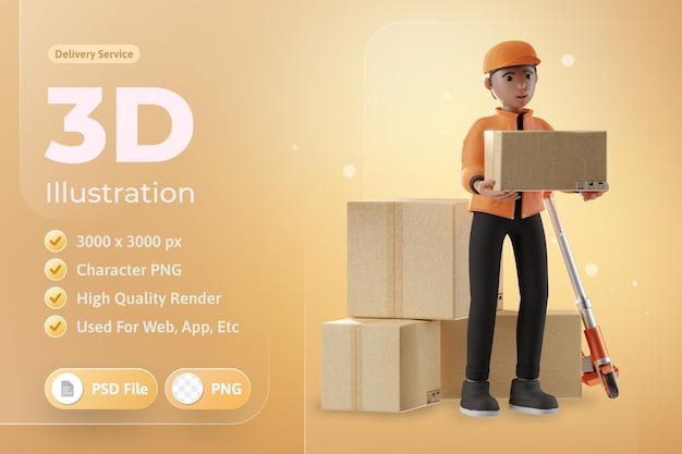 Delivery service with a character delivering a package 3d illustration