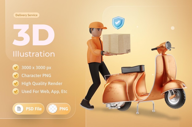 PSD delivery service with character and motorcycle 3d illustration