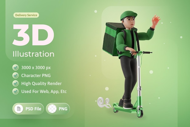 PSD delivery service with character and scooter 3d illustration