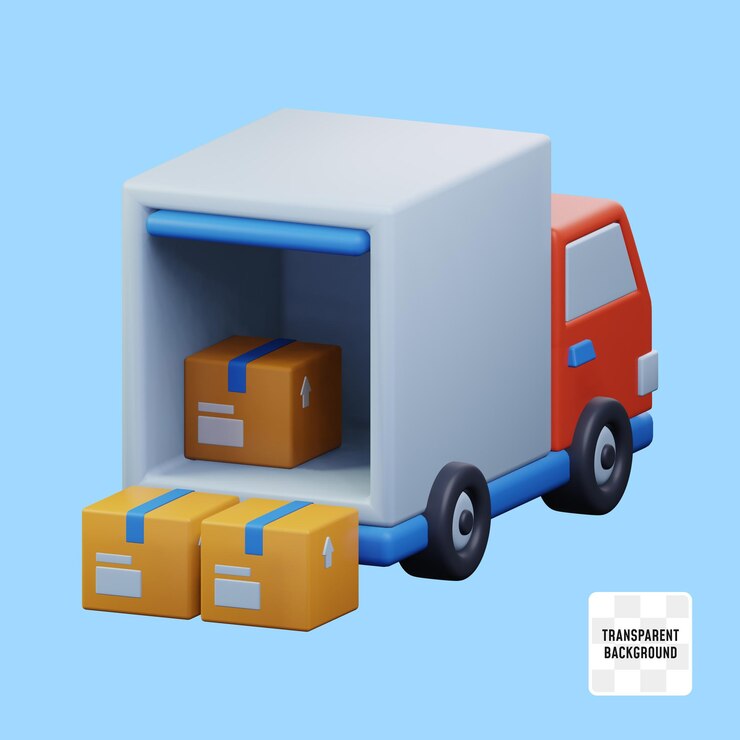 Delivery truck loading cardboard package inside cargo box for shipment transportation service