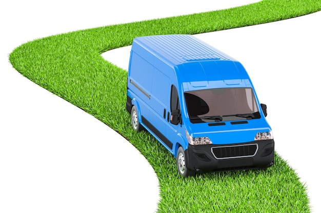 PSD delivery van on green grass way 3d rendering isolated on transparent background