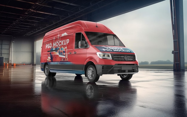Delivery Van in de Warehouse PSD Mockup