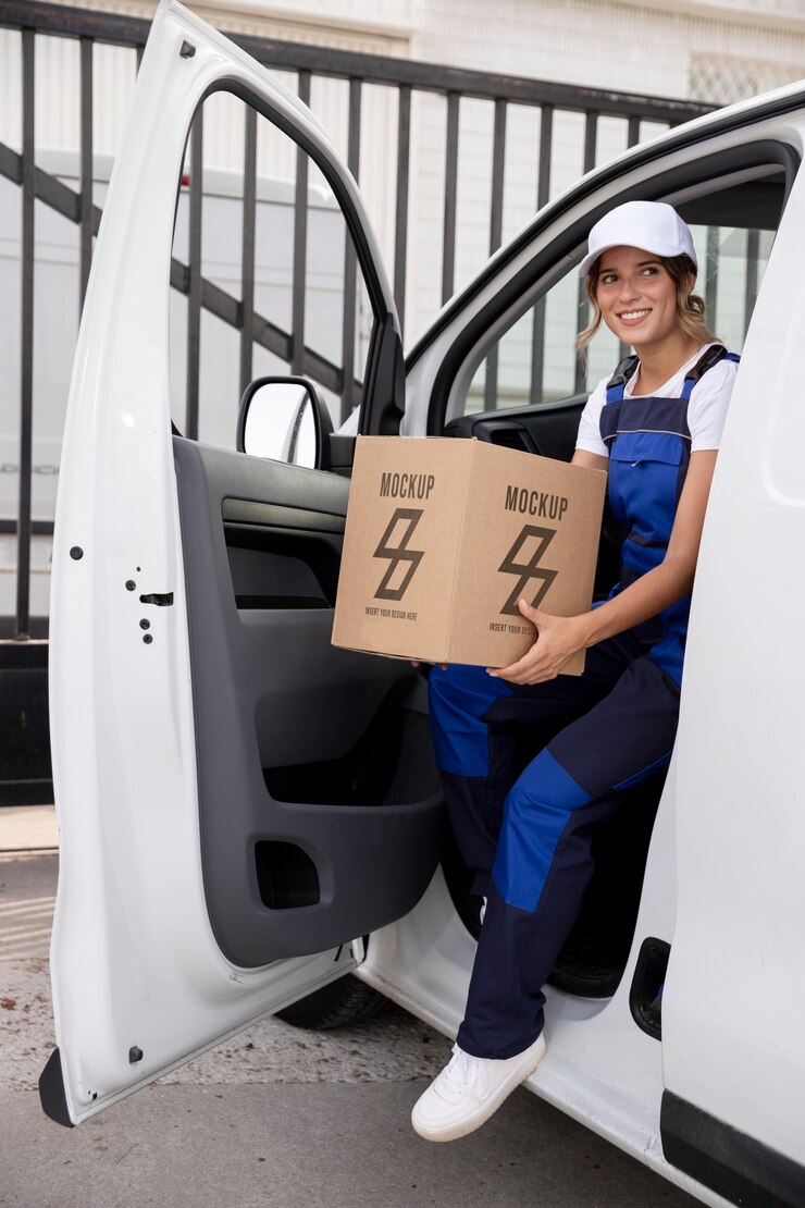 PSD delivery woman working and carrying box from the car