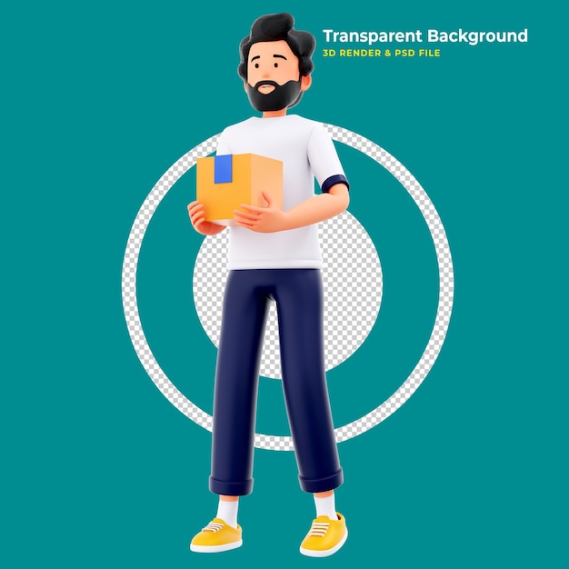 Deliveryman holds a box with a parcel in his hands 3d illustration Cartoon character