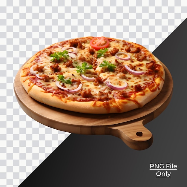 Deliziosa pizza seduta su tavola di legno solo png premium psd