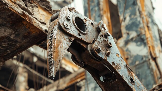 demolition excavator claw closeup of a weathered excavator claw against a backdrop of a demolished building highlighting the machinery used in urban demolition