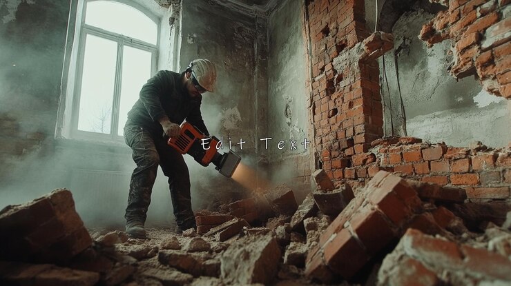 PSD demolition worker using a jackhammer to break down a brick wall in a dilapidated building