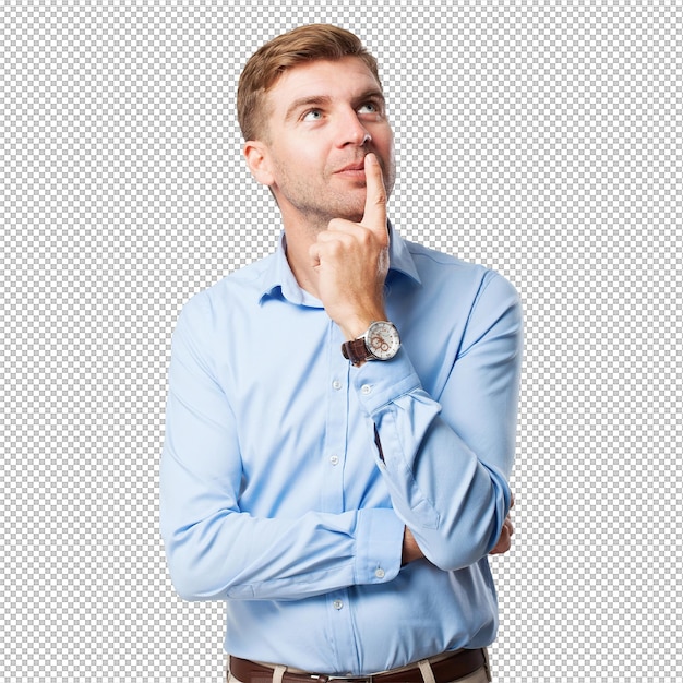 Denkende man met een vinger in zijn mond.