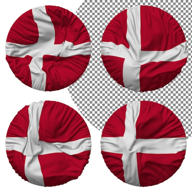 PSD denmark flag round shape isolated different waving style bump texture 3d rendering