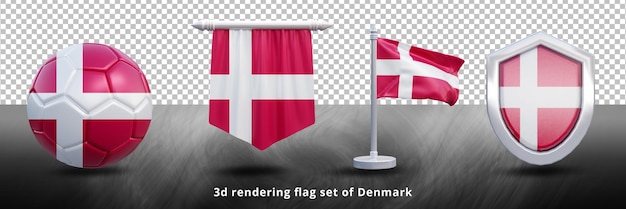 La bandiera nazionale della danimarca ha impostato l'illustrazione o l'icona 3d realistica della danimarca che sventola la bandiera del paese