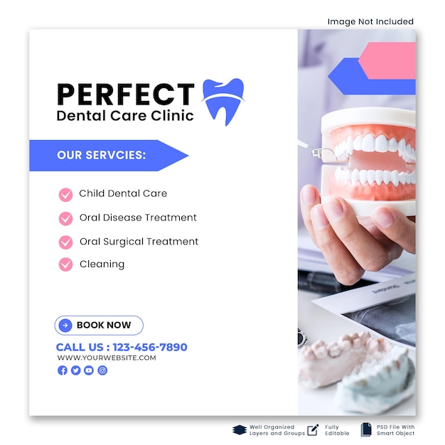 PSD dental care banner or square flyer with dental theme for social media post template